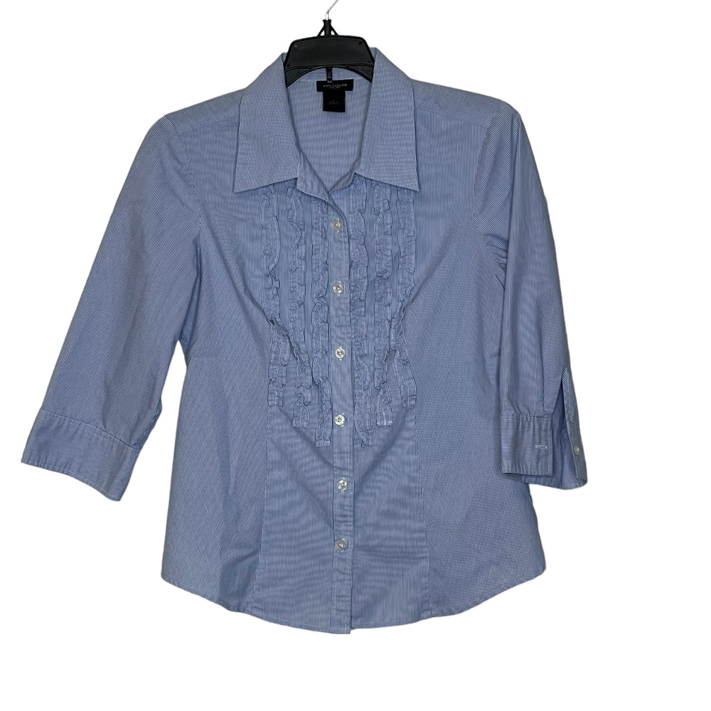 Ann Taylor Button Up Shirt Size 0 Blue White Striped 3/4 Sleeve Stretch Blend